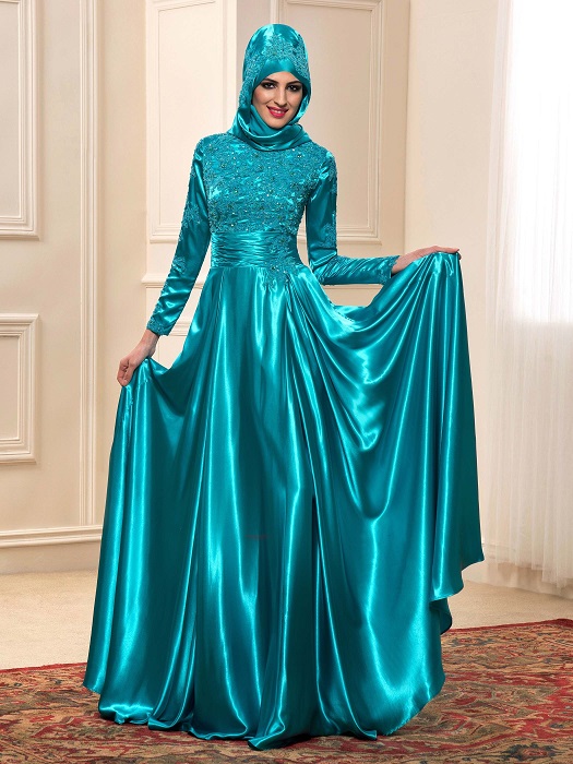 Shimmering Satin Long Sleeve Gown With Hijab For Muslim Bride Modest Islamic Dress Free Shipping